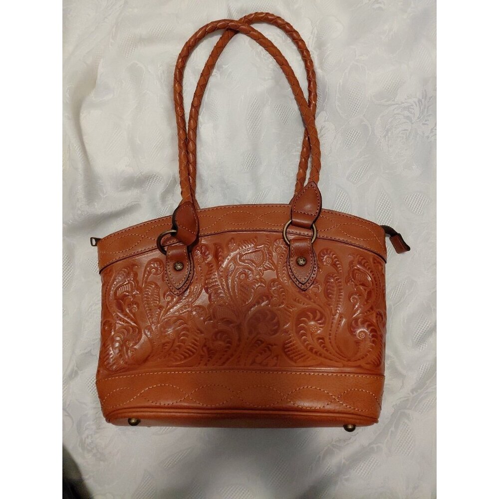 Patricia Nash Adeline Brown Cognac Leather Cutout Tooled Tote Bag